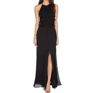 L'Agence Adriana Ruffle Maxi Silk Chiffon Dress Formal Dance Prom LBD Black S